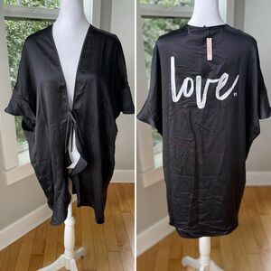 Victoria’s Secret Black Satin “Love” Ruffle Tie Front Robe One Size NWT